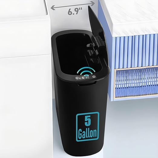 TIPGO 5 Gallon Motion Senor Bathroom Trash Can with Lid Automatic Garbage Can Touchless Smart Plastic Waste Basket for Narrow Spaces Bathroom Office Bedroom Living Room (Black)