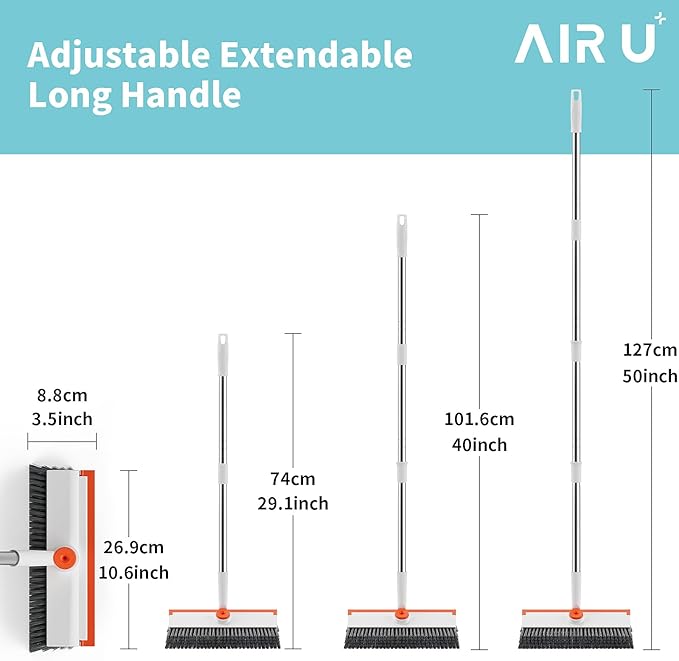 AIR U+ Floor Scrub Brush with Long Handle 3 in 1 Scrape and Heavy-Duty Stiff Bristle Scrubber Brush for Cleaning Shower Bathroom Patio Pool Garage Kitchen Wall and Deck White and Orange