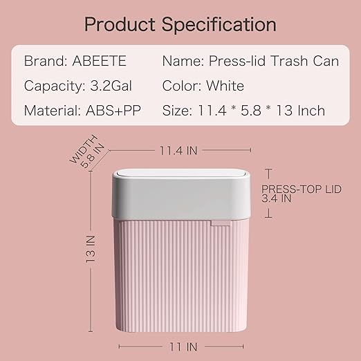 Bathroom Trash Can with Lid 12L Small Plastic Garbage Can for Kitchen with Press Top Lid 3.2 Gallon Slim Dog Proof Wastebasket Trash Bin for Office Bedroom Living Room Home Cabinet-Pink