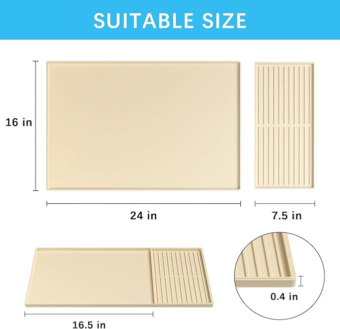 Golener Silicone Coffee Mat Set - 24 x 16 Coffee Bar Mat for Countertop Kitchen Station Pad Accessories Fit Under Cafe Maker Espresso Machine Dish Drying Mat Heat Resistant Kitchen Pad Beige