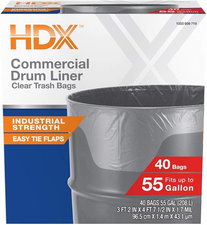HDX 55 Gallon Clear Heavy-Duty Flap Tie Drum Liner Trash Bags (40-Count)