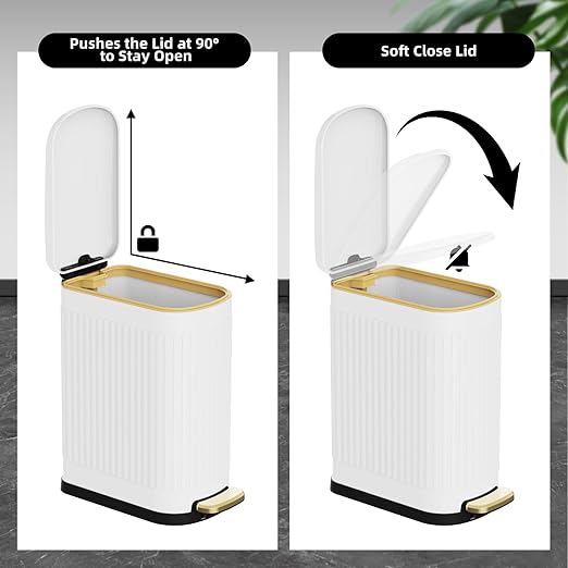 2.6 Gallon Slim Bathroom Trash Can with Soft Close Lid 10L Stainless Steel Garbage Can with Removable Liner Bucket for Narrow Spaces Bathroom Bedroom (White)