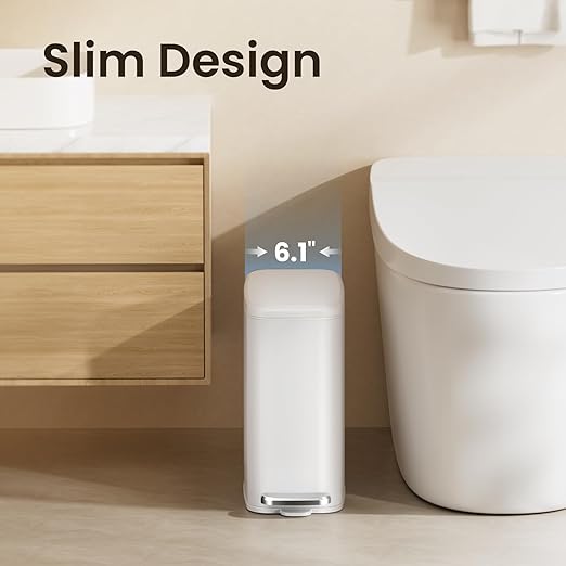 Cesun Slim Bathroom Trash Can with Lid Soft Close 6L/1.6 Gallon Stainless Steel Small Garbage Can with Foot Pedal and Removable Inner Bucket Slim Wastebasket for Bathroom Office Toilet (White)
