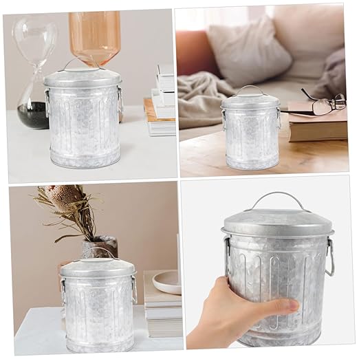 2Pcs Decorative Bucket Shaped Trash Bin Vintage Iron Wastebasket for Office and Home Creative Desktop Rubbish Can Removable Lid
