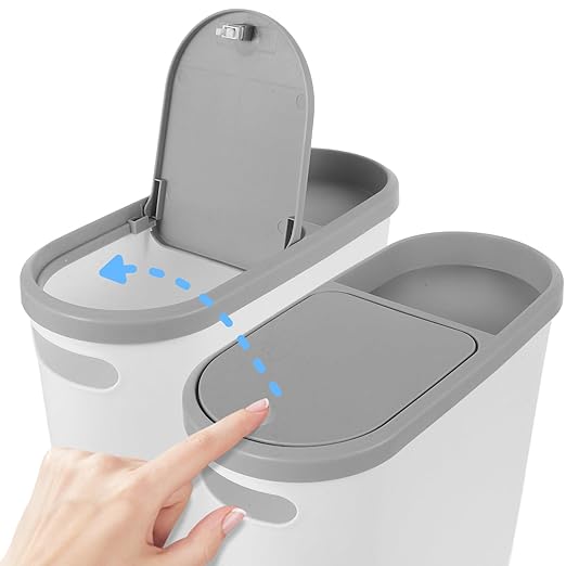 Plastic Trash Can with Press Lid Narrow Household Garbage Bin for Kitchen and Bathroom White-Grey Covered Wastebasket for Small Spaces