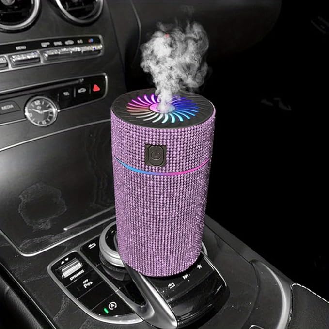 Luxury Rhinestone Car Diffuser Humidifier With LED Light Auto Air Purifier Aromatherapy Diffuser Air Freshener Car Accessories (white)