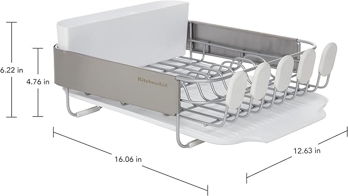 KitchenAid Compact Satin Wire Rust Resistant Expandable Dish Rack with Angled Self Draining Drainboard with Removable Flatware Caddy 23.18-Inch Gray