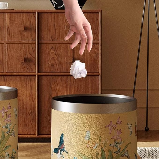 Leather Trash Can Vintage Waste Bin for Household Living Room Sanitary Bucket Waste Container Bedroom Wastebasket