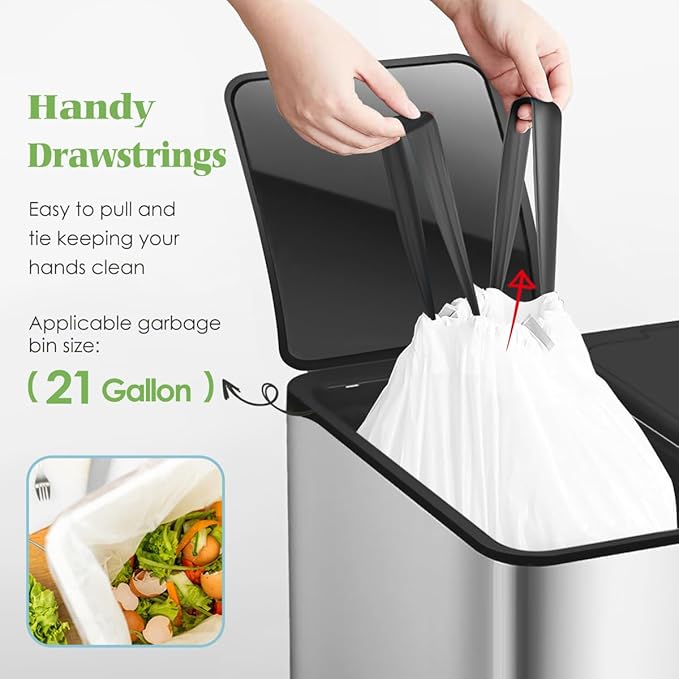 21 Gallon 120 Counts Strong Drawstring Trash Bags Garbage Bags by Teivio Bathroom Trash Can Bin Liners Plastic Bags for home office kitchen White