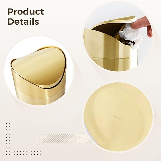 Mini Gold Trash Can Stainless Steel Desktop Garbage Bin with Swing Lid Small Countertop Waste Basket for Bathroom Office Removable Cover