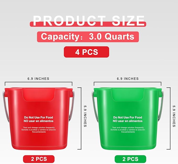 Yaomiao 4 Pcs Cleaning Bucket 3 Quart Small Sanitizing Square Bucket Detergent Pail with Measurements Spout and Handle for Home Commercial Use Restaurant Kitchen Office School (Red Green)
