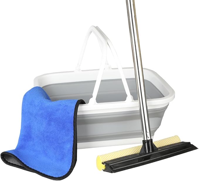 Window Cleaning Kit Squeegee with Bucket for Windshield Cleaning Bathroom Shower Doors Mirrors Tiles and Car Windows (Grey)