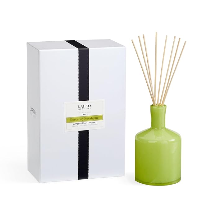 LAFCO New York Signature Reed Diffuser Rosemary Eucalyptus - 15 oz - Up to 9 Months Fragrance Life - Reusable Hand Blown Glass Vessel - Natural Wood Reeds - Made in The USA