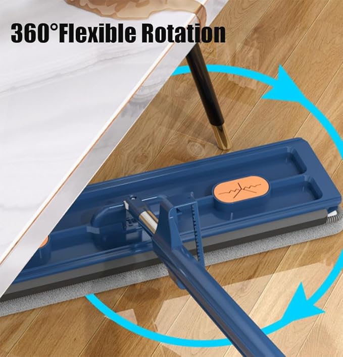 Large Flat Mop Lazy Person's Self-Washing Flat Mop Reusable Microfiber Self-Contained Dewatering Scraper Wet and Dry Use 12027(Bluewith 2 Pads)