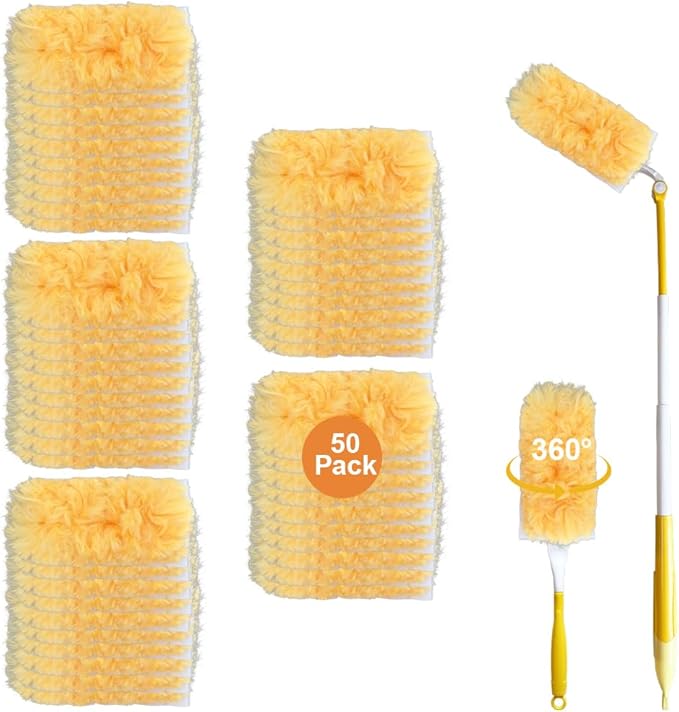 50 Count 360° Heavy Duty Duster Refills Unscented Disposable Dusters Refill Kit for Cleaning Dusting Furniture Blind Ceiling Fan with 1 Extension Retractable Pole + 1 Short Handle