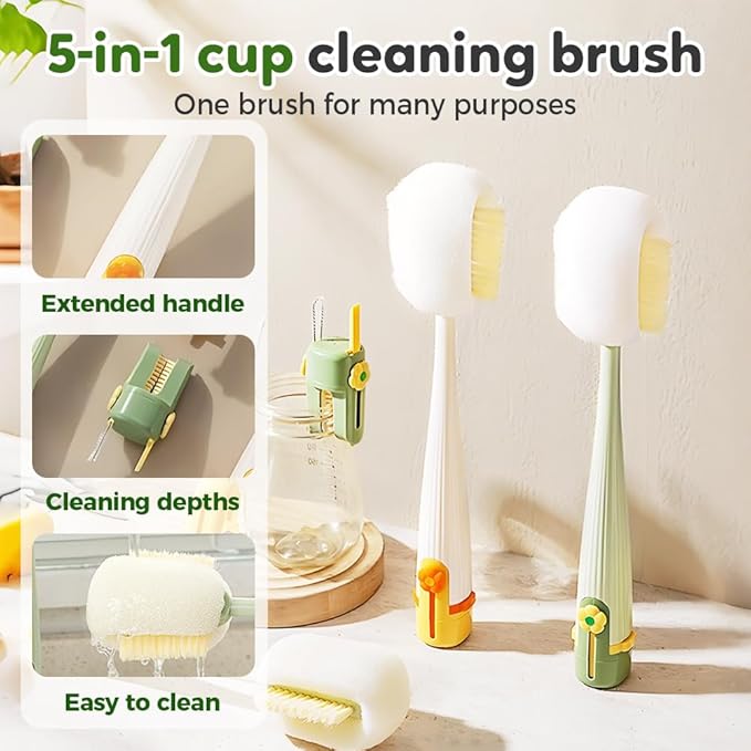 5-in-1 Bottle Cleaning Brush Set Multifunctional Household Cleaning Kit with Long Flexible Scrubberfor Narrow Mugs Stainless Steel Cups Baby Bottles and Tumbler (Green+White 2 pcs)