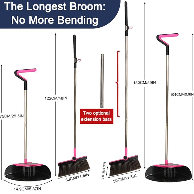 Triangular Indoor Broom and Dustpan Comb Set 180° Rotating Soft Bristle Long Handle Upright Sweeping Angled Broom with Self-Cleaning Teeth for Home Kitchen Office Wood Floor (Black Pink)