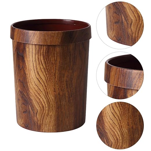 Wakauto Wood Grain Trash Can 14L Plastic Garbage Container with Press Ring Lid for Hotel Rooms Office and Living Room Wastebasket