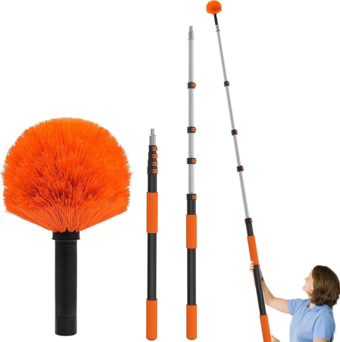 Buyplus 26FT Reach Cobweb Duster Outdoor Spider Web Cleaner Brush with Professional 5-20FT Extension Pole Non-Shedding Fluffy Bristles Suitable for Ceiling and Corner Dusters for Indoor and Outdoor