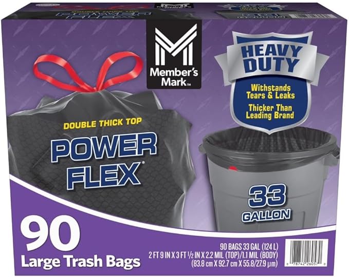 Member' Mark Power Flex 33-Gallon Large Trash Bags Unscented ~ (90 Count).