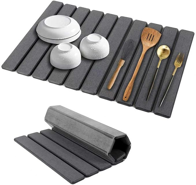 Stone Dish Drying Mat for Kitchen Counter 24''×15'' Dishes Drying Matt Kitchen Counter Absorbent Diatomaceous Earth Bath Quick Dry Mats for Tableware Bottles and Cup (Dark Grey)