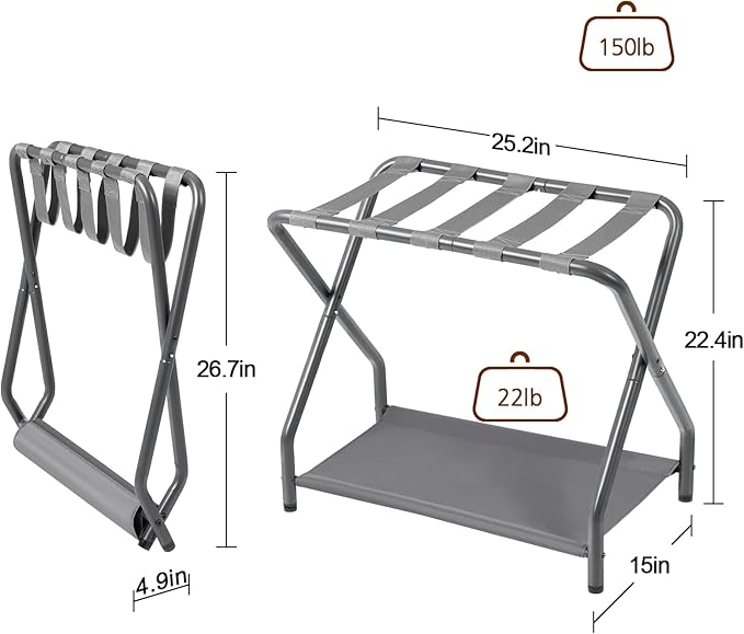 AMHANCIBLE Luggage Rack Set of 2 Foldable Suitcase Stands for Guest Room Metal Luggage Holder with Storage Shelf for Bedroom Hotel Easy Assemble HLR02GY