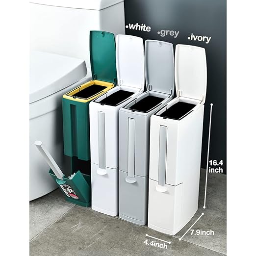 Slim Bathroom Trash Cans with Lid 4.4 Inches Wide/0.7 Gallon(3 Liters)Small Narrow Lidded Bathroom Trash Can with Toilet Brush for RV CamperTiny Garbage Can RV Accessories for Inside (Ivory)