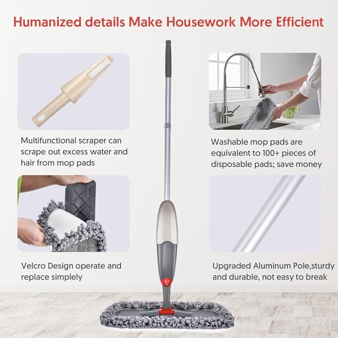 Microfibre Spray Floor Mops for Floor Cleaning Domi-Patrol Cleaning Mops for Hardwood Laminate Tiles Floors Dry Wet Mop Dust Mops with 3 Mop Heads Replacement Pads &amp 635 ML Bottle