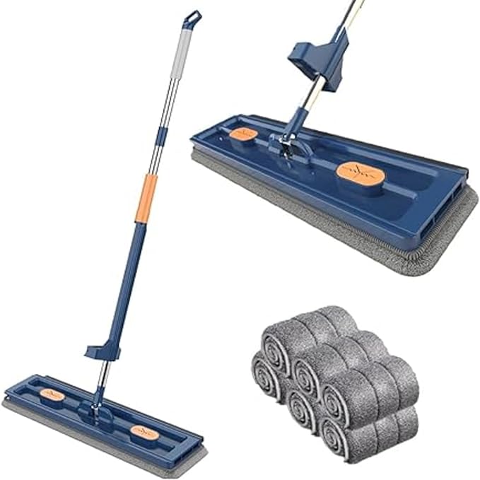 360° Adjustable Rotating Cleaning Mop with Automatic Compressed Water Triangular Mop for Cleaning Kitchen Walls Ceiling Corners (Flat) Blue + 6 Cloth)