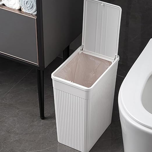 Unomor Narrow Slim Bathroom Trash Can Press Type Lid Wastebasket for Bedroom Kitchen and Office Modern Design Space-Saving Garbage Pail