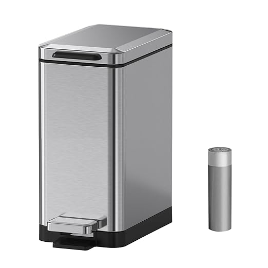 Mbillion Bathroom Trash Can with Lid Slim Stainless Steel Small Bathroom Garbage Can 10 Liter 2.6 Gallon Soft Close Step Pedal Slim Wastebasket for Toilet Office Bedroom Brushed Silver