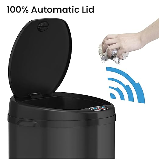 iTouchless 8 Gallon Sensor Trash Can with Odor Filter System 30 Liter Round Black Steel Garbage Bin Perfect for Home Kitchen Office