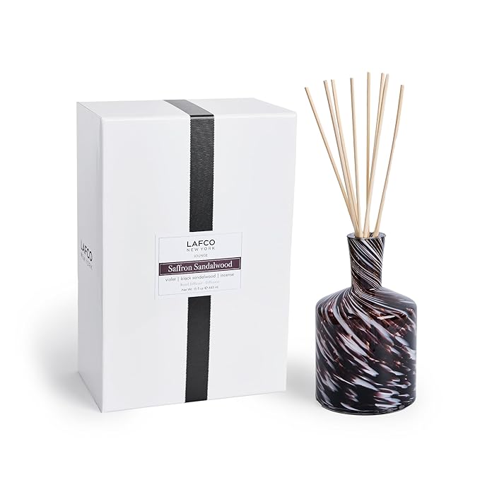 LAFCO New York Signature Fall Reed Diffuser Saffron Sandalwood - 15 oz - Up to 9 Months Fragrance Life - Reusable Hand Blown Glass Vessel - Natural Wood Reeds - Made in The USA