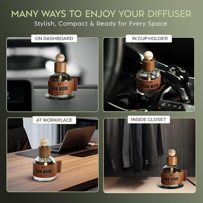 Car Air Freshener - Long Lasting Essential Oil Diffuser - Aromatherapy Accessories for Men &amp Women - Valentines Day Gifts for Him - Teakwood Car Scent Diffuser 3.38 FL OZ/100ML