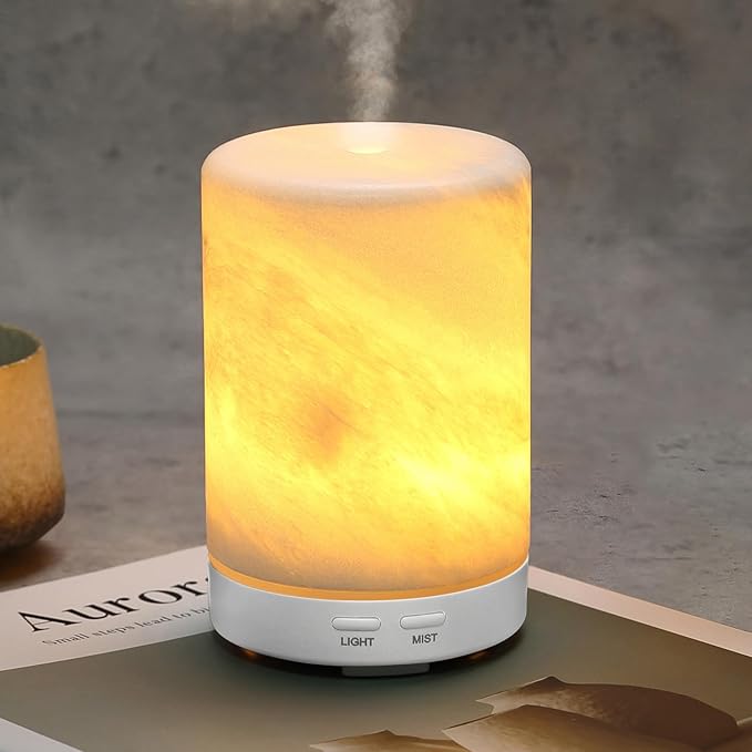 Koville White Marble Essential Oil Diffuser - Ultrasonic Aromatherapy &amp Humidifier with 2-Color LED Lights 110ML Decorative Marble Aromatherapy Diffuser Auto Shut-Off Scent for Home Office Yo