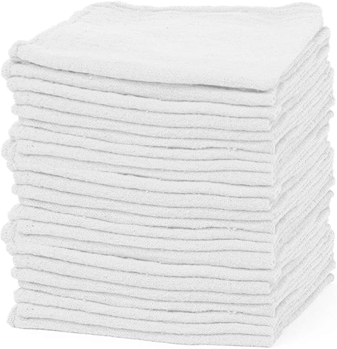 Shop Towels – Pack of 50 Reusable Cleaning Rags – Durable Quality Cotton – 13 x 13– Machine Washable – Suitable for All Purposes (White)