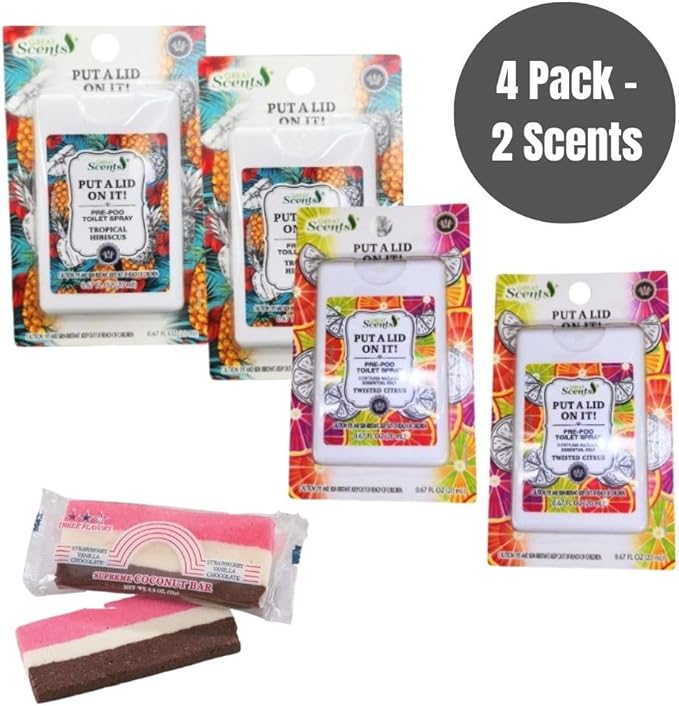 Great Scents Pre-Poop Toilet Spray 4 Pack Tropical Hibiscus &amp Twisted Citrus Scents 0.67 fl oz Each Odor Eliminator with Essential Oils Bathroom Air Freshener with BONUS Barra de Arco-Íris de C