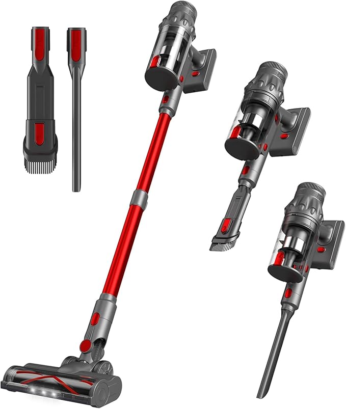 Vacuum Cleaners for Home - Cordless Stick Vacuum Cleaner Lightweight High Power Vac for Pet Hair Carpet Hardwood Floor Handheld Portable Wireless Rechargeable Battery Household VacRed