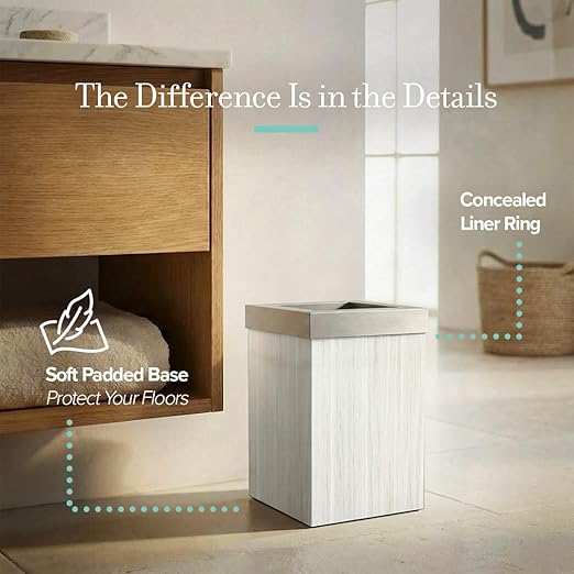 Gatco Small Bathroom Trash Can with Lid Square 3 Gallon Wastebasket Under Sink White Oak with Satin Nickel for Bathroom Bedroom Office (1936SN)