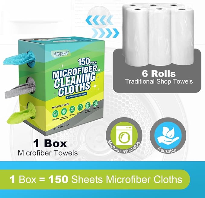 Microfiber Cleaning Cloth 150 Pack Reusable Paper Towels Microfiber Towels for Cars Lint Free Washable Tissues Shop Rags with Dispenser Box for Home Kitchen Automotive 11x 9 Multicolor