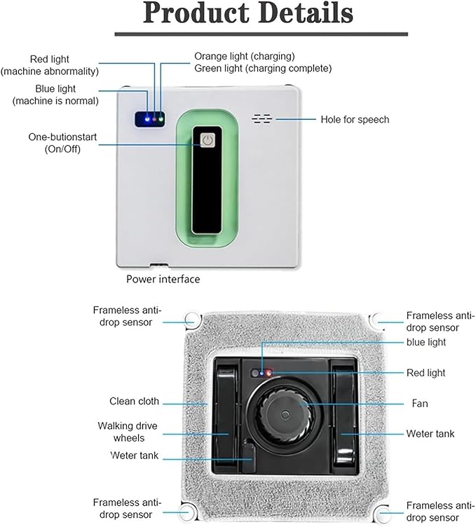 Window Cleaner Robot 50ML Dual Water Tank 3000Pa Strong Suction Smart Window Cleaning RobotRemote Control Robot Window Cleaner Suitable for Outdoor/Indoor High Rise Windows