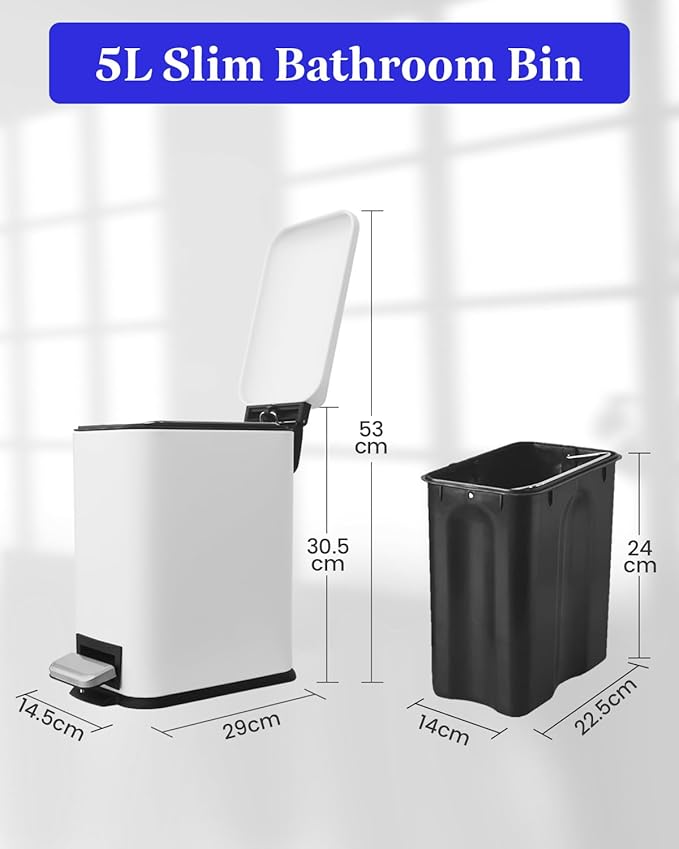 JM.YIPENG Bathroom Rubbish Bin 5 Litre Cosmetic Bin Small Waste Bin with Soft Close Lid Bathroom Bin for Toilet Bathroom Bedroom Living Room White