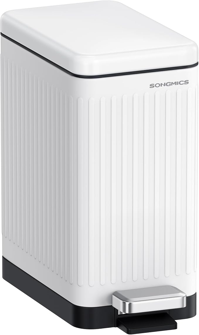 SONGMICS Bathroom Trash Can 2.6-Gallon (10 L) Trash Bin with Lid Slim for Small Spaces Stainless Steel Garbage Can Soft Close White ULTB562W01