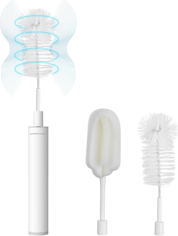 NINESTARS Electric Baby Bottle Brush Cleaner w/Aluminum Handle Powerful Rotating Cleaning Bottle Brush 2600mAh Battery Electric Bottle Cleaner for Water Bottle Baby Bottle Mug Coffee Cup (White)