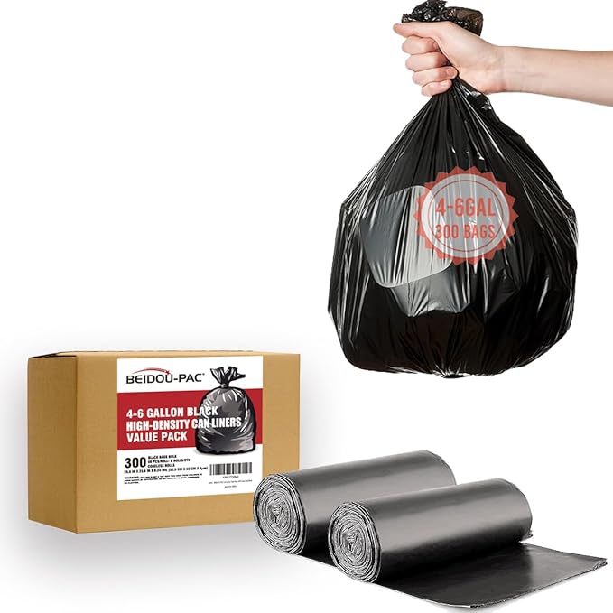 4-6 Gallon Trash Bags 300 Count Black Garbage bags Multi-purpose Trash Can Bin Liners for Bathroom Office Industrial Commercial Janitorial Municipal Recycling