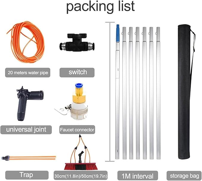 Water Fed Pole Kit Water Fed Brush Water Fed Cleaning System Aluminum Outdoor Window Cleaner with 20M Water Hose Cleaning Tool for Window Glass Solar Panels(20FT/6M)