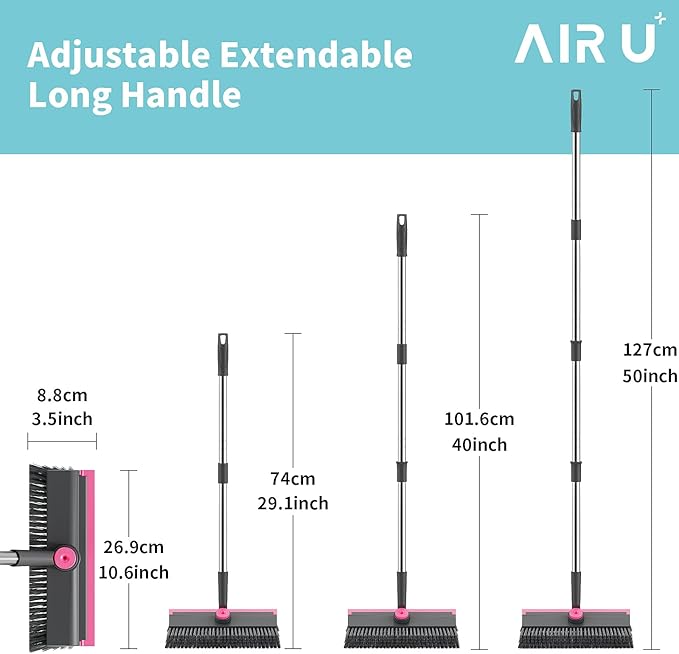 AIR U+ Floor Scrub Brush with Long Handle 3 in 1 Scrape and Heavy-Duty Stiff Bristle Scrubber Brush for Cleaning Shower Bathroom Patio Pool Garage Kitchen Wall and Deck Gray and Pink