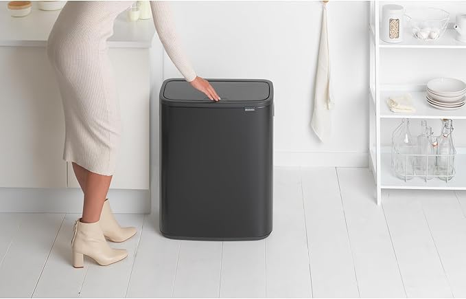 Brabantia Bo Touch Top Kitchen Trash Can with Single Compartment | Matt Black | 16 Gal Inner Bucket | Soft-Close Garbage Can Light Touch Opening Stay-Open Lid | Fits Against Wall | + Trash Bags