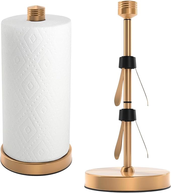 Heavy-Duty Stainless Steel Paper Towel Holder - Easy One-Handed Tear with Suction Cups - Modern Weighted Standing Countertop Dispenser for Kitchen - Holds All Paper Towel Rolls Gold