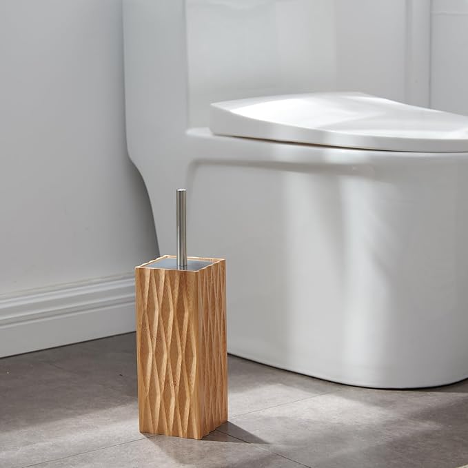 GOBAM Bamboo Toilet Bowl Cleaner with Holder for All Toilet Types Hidden Stainless Steel Toilet Brush Bathroom Cleaning Brushes Toilet Accessories - Natural with Pattern